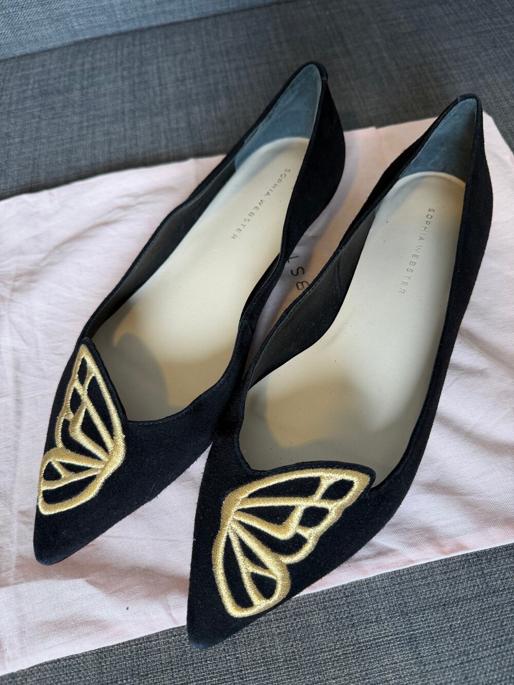 New Sophia Webster Bibi Butterfly Pointed Toe Suede Flats Black Gold Size 39